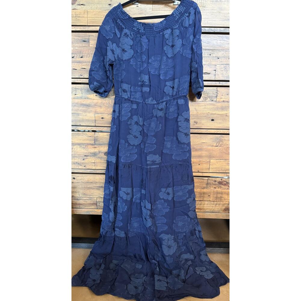 Shoshanna Midnight Dress Womens 8 Navy Blue Maxi Floral Embroidered Off Shoulder